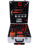 Complete 899 Piece Home Repair Tool Set With Rolling 4 Drawer Toolbox Case In Silver Finish, open display of tools