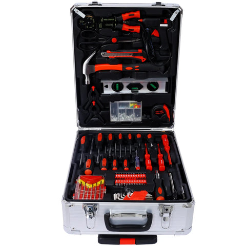 Complete 899 Piece Home Repair Tool Set With Rolling 4 Drawer Toolbox Case In Silver Finish, open display of tools