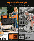 Double Chamber Rotating Compost Tumbler 170L Outdoor Bin With Elevated Base in garden next to a woman turning handle