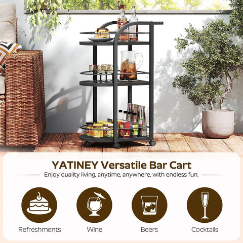 Black Three Tier Rolling Bar Cart Featuring Sturdy Safety Rails And Smooth Swivel Casters Crafted To Hold Your Goodies in outdoor setting with drinks.