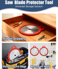 Tough As Nails Silicone Saw Blade Protector Sleeve For 10 Inch Circular Blades fits in drawers and tool bags, showing storage solutions.
