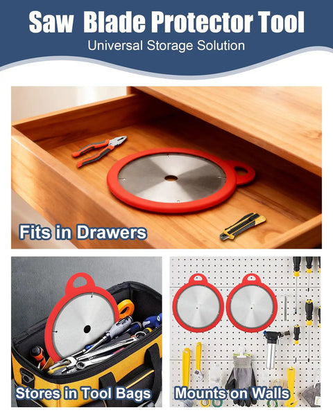 Tough As Nails Silicone Saw Blade Protector Sleeve For 10 Inch Circular Blades fits in drawers and tool bags, showing storage solutions.