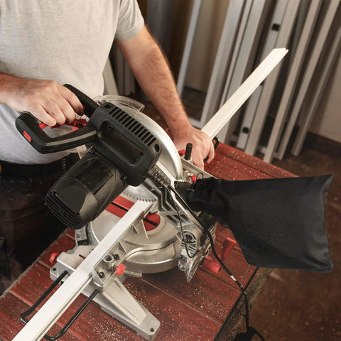 Heavy Duty Dust Collection Bag For Miter Saw And Pro Grade Tools With Zipper And Steel Wired Outlet in use on saw