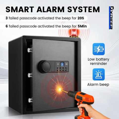 1.69 Cubic Feet Personal Safe With App Access 0.1 Second Biometric Fingerprint 30 Fingerprint Storage, black safe being drilled