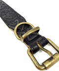 Heavy Leather Dog Collar Featuring Hand Carved Celtic Chain Design And Plush Suede Backing, aged raw brass buckle detail.