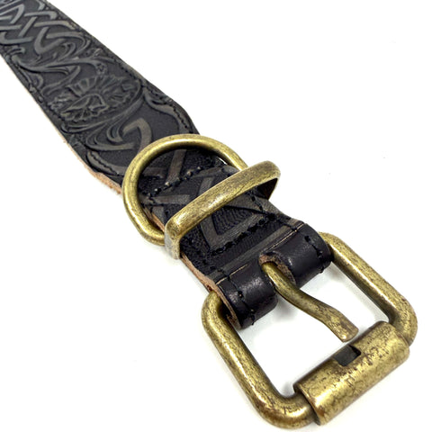 Heavy Leather Dog Collar Featuring Hand Carved Celtic Chain Design And Plush Suede Backing, aged raw brass buckle detail.