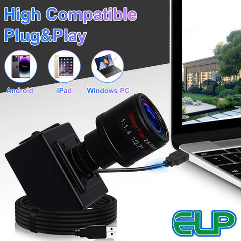 USB Camera With 2.8-12mm Varifocal Zoom Lens For Windows Mac Linux Raspberry Pi 1.3MP HD 960P Low Light Webcam beside laptop