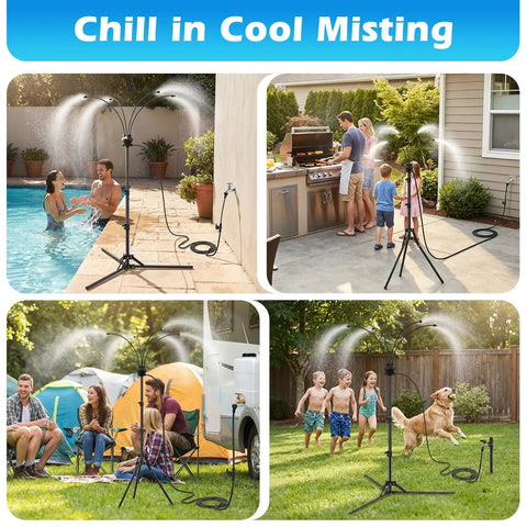 Outdoor Patio Misting System With 5.25 Ft Adjustable Stand And Four Nozzles in use at poolside, garden, and backyard BBQ area.