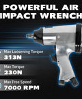 Knuckle Buster 71 Piece Pneumatic Air Tool Kit Featuring 1/2 Inch Impact Wrench with max torque specs displayed.
