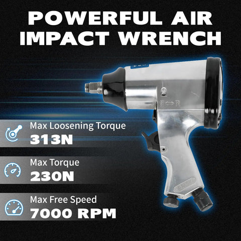 Knuckle Buster 71 Piece Pneumatic Air Tool Kit Featuring 1/2 Inch Impact Wrench with max torque specs displayed.