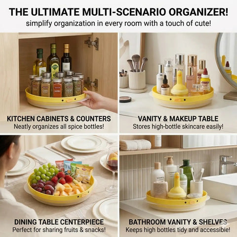 9.8 Inch Lazy Susan Organizer With 360 Degree Rotation For Spices And Bottles in yellow, used in kitchen and bathroom setups