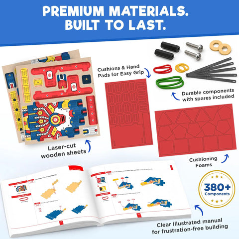 Hands On Robotic Hand Kit For Kids Ages Eight To Thirteen, Wearable Cool Gripper Build Kit To Learn Engineering And Anatomy Through Play, DIY STEM Toy Gift For Birthday Fun And Creative Problem Solving; laser-cut wooden sheets, manual