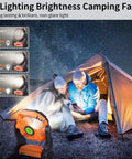 Portable USB Camping Fan With 20000mAh Battery Cordless Rechargeable Personal Fan With LED Light used near a tent in the dark