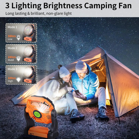 Portable USB Camping Fan With 20000mAh Battery Cordless Rechargeable Personal Fan With LED Light used near a tent in the dark