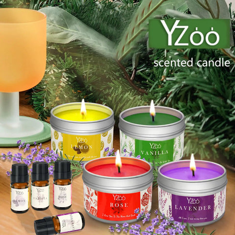 Colorful tin candles with lemon, vanilla, rose, and lavender scents included in Beginner Friendly Candle Making Kit for Adults.
