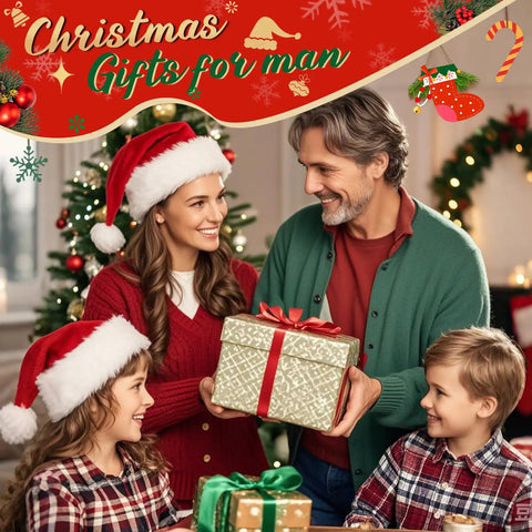 Family exchanging Christmas gifts with tree in background, wearing festive hats and sweaters, with decorated room.