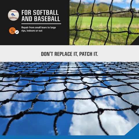Batting Cage Net Patch Up Kit For Baseball And Softball Quick Hole Fix; net with sky and field background
