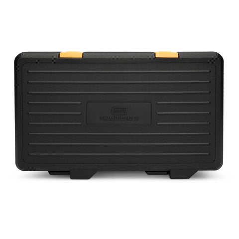 Closed carrying case for 57 Piece Three Eighth Inch Drive Six Point Mechanics Tool Set With Standard And Deep Sockets SAE Metric 90 Tooth Gear