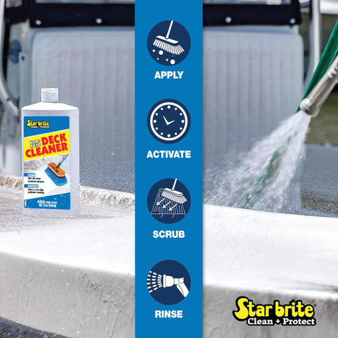 Non Skid Boat Deck Cleaner And Protectant With UV Shield No Scrub Needed All In One Deck Wash bottle beside rinsing deck