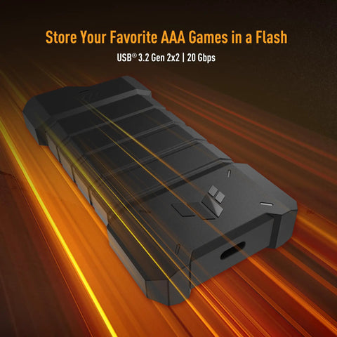 TUF Gaming A2 USB C 3.2 Gen 2x2 Portable SSD Enclosure with glowing speed lines, rugged black design, USB-C port visible