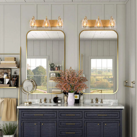 3 Light Modern Vanity Light Fixture in Brass Finish With Clear Glass Shades For Bathroom, 22 Inch Long Wall Mount Vanity Lighting Bar
