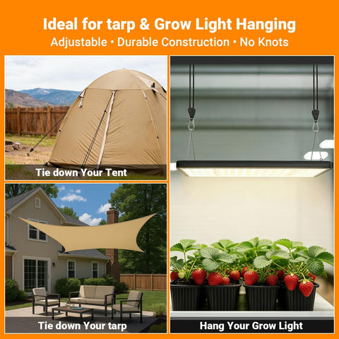 15 Foot Reflective Windproof Paracord Tie Down Rope Set With Ratchet Straps Four Pack shown securing tents and grow lights.