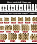 Pro Rivet Nut Tool Kit 16 Inch With 290 Insert Nuts And 15 Metal Mandrels For Fast Metalwork Jobs Featuring Step Drills Heavy Duty Wrench Gloves And Easy Setup Manual For Total DIY Pro Upgrade, mandrels and assorted nuts