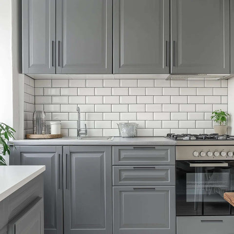 Built Tough Matte Black Cabinet Pulls And Drawer Handles With Five Inch Center To Center Rustic Industrial Kitchen Furniture Hardware Solid As A Rock Five Inch Pulls Ten Pack For DIY Projects installed in a modern gray kitchen.