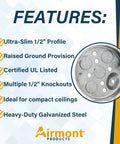 Features of Two Pack Heavy Duty 4 Inch Round Shallow Electrical Box UL Listed Half Inch Deep Metal Ceiling Pancake Junction Box For Outlets Ceiling Lights Fixtures And Wiring 6 Cu In Capacity with galvanized steel and knockouts shown in close-up.