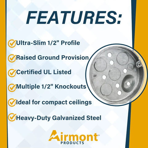 Real Deal 4 Inch Round Shallow Metal Electrical Junction Box UL Listed One Half Inch Deep Ceiling Fan And Light Fixture Mount 6 Cubic Inch Capacity features overview image.