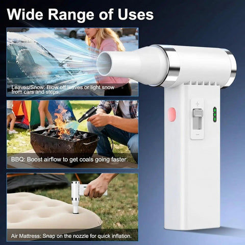 Ultra Slim Electric Air Duster With 150,000 RPM Turbo Power demonstrating uses for cleaning snow, starting BBQ coals, inflating air mattress.