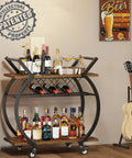 Smooth Rolling Industrial Bar Cart With Spacious Wooden Shelves And Rock Solid Wheels For Your Kitchen Or Lounge Space chilled beverage serving station with wine bottles.