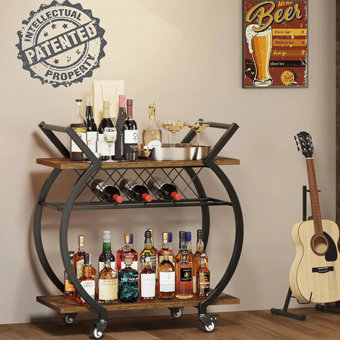 Smooth Rolling Industrial Bar Cart With Spacious Wooden Shelves And Rock Solid Wheels For Your Kitchen Or Lounge Space chilled beverage serving station with wine bottles.