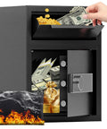 Heavy Duty Fireproof Deposit Safe With Front Drop Slot And Digital Combination Lock For Cash And Important Documents Silent Security Safe Box For Home Office Or Small Biz featured with open slot and lock, showing cash and coins.