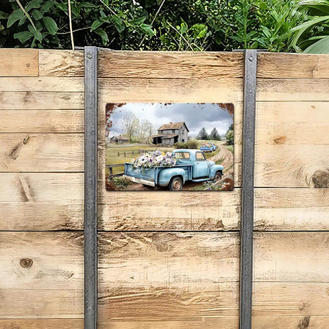 Vintage Blue Farm Truck Metal Tin Sign Rustic Country Farmhouse Wall Decor Floral Old Pickup Scene Retro Plaque For Garage Barn