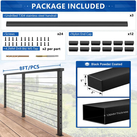 Top Notch Grade 304 Stainless Steel Handrail Top Rail 8 Ft Cut To Fit Deck Railing With Slick Black Finish That Anchors Like A Rock For Outdoor Stairs Porches And Indoor Landings No Fuss Install packaging with parts for black stainless steel handrail.