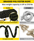 Braided polyester rope comparison showing tear strength, part of Rope Harness Safety Lanyard for Roof and Tree Climbing, 50 ft Vertical Roofing Rope With Grab Snap Hooks and Shock Absorber, Fall Protection Kit, Pro Grade Heavy Duty Roof Safety Gear, ANSI CE Certified.