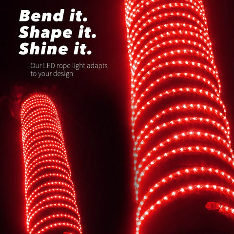 Red Outdoor Rope Lights 100 Feet With 1116 LEDs, Waterproof 360 Degree Omnidirectional Illumination wrapped around a tree trunk.
