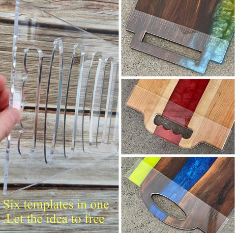 Top Shelf 6 In 1 Board Handle Router Template For Woodworking Pros Premium Clear Acrylic Inlay Guide with six templates displayed.