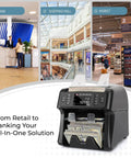 No Sweat Multi Currency Money Counter And Bill Sorter With Touchscreen Counterfeit Scanner Reject Tray in a retail setting.