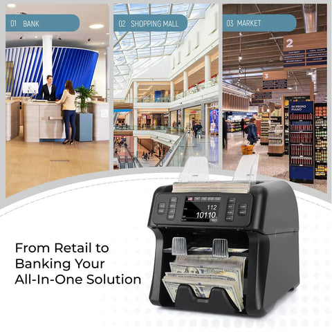 No Sweat Multi Currency Money Counter And Bill Sorter With Touchscreen Counterfeit Scanner Reject Tray in a retail setting.