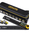 Kickass Aluminum Digital Angle Finder And Multipurpose Protractor Gauge with XL screen, black zippered pouch, and accessories.