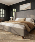 Top Tier King Size Bed Frame Featuring Fifty Point Eight Inch Padded Corduroy Wingback Headboard in taupe bedroom setting.