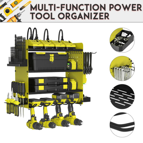 Four Layer Power Tool Organizer Wall Rack With Eight Drill Holders, storing tools and accessories in a garage setting