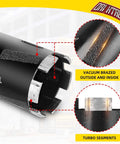 Side view of ORIXTREME diamond core drill bit, 1-3/8 in (35mm), vacuum-brazed outside/inside turbo segments