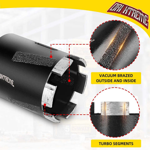 Side view of ORIXTREME diamond core drill bit, 1-3/8 in (35mm), vacuum-brazed outside/inside turbo segments