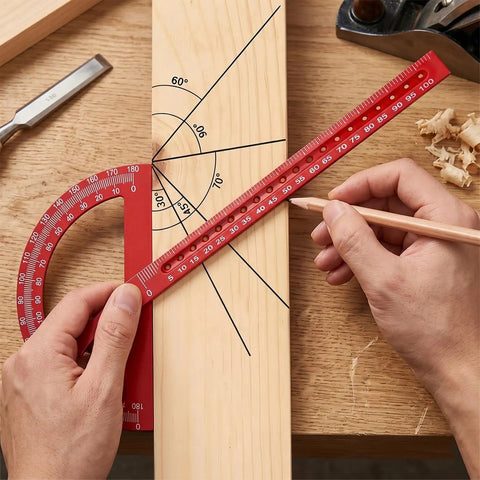 Heavy Duty Angle Finder With Dead Nuts Secure Locking Swing Arm Reads Zero To One Eighty Degrees measuring angles on wood.
