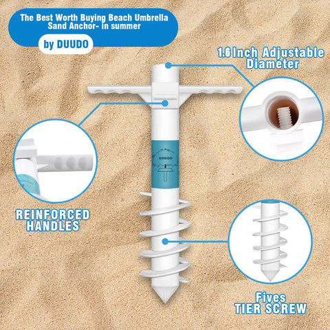Windproof Beach Umbrella Sand Anchor with five spiral screw design, heavy-duty ABS base, reinforced handles, adjustable diameter
