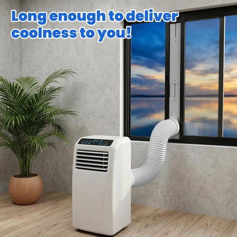 Portable Air Conditioner Window Vent Kit with 5.9 Inch Exhaust Hose, 59 Inch Length, installed in a horizontal window.