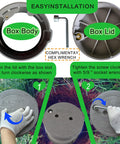 Installation steps of 10 Inch Underground Electrical Junction Box For Outdoor Wiring In Ground Splice Box With Removable Lid, Heavy Duty PVC Construction, Weatherproof Plastic Box For Safe Yard Electrical Connections shown with tools and hands tightening lid.
